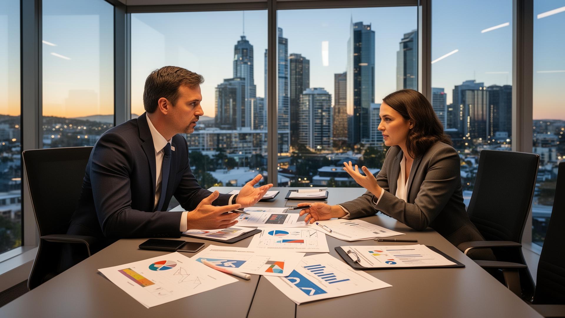 Business advisory meeting in a Brisbane office with city views